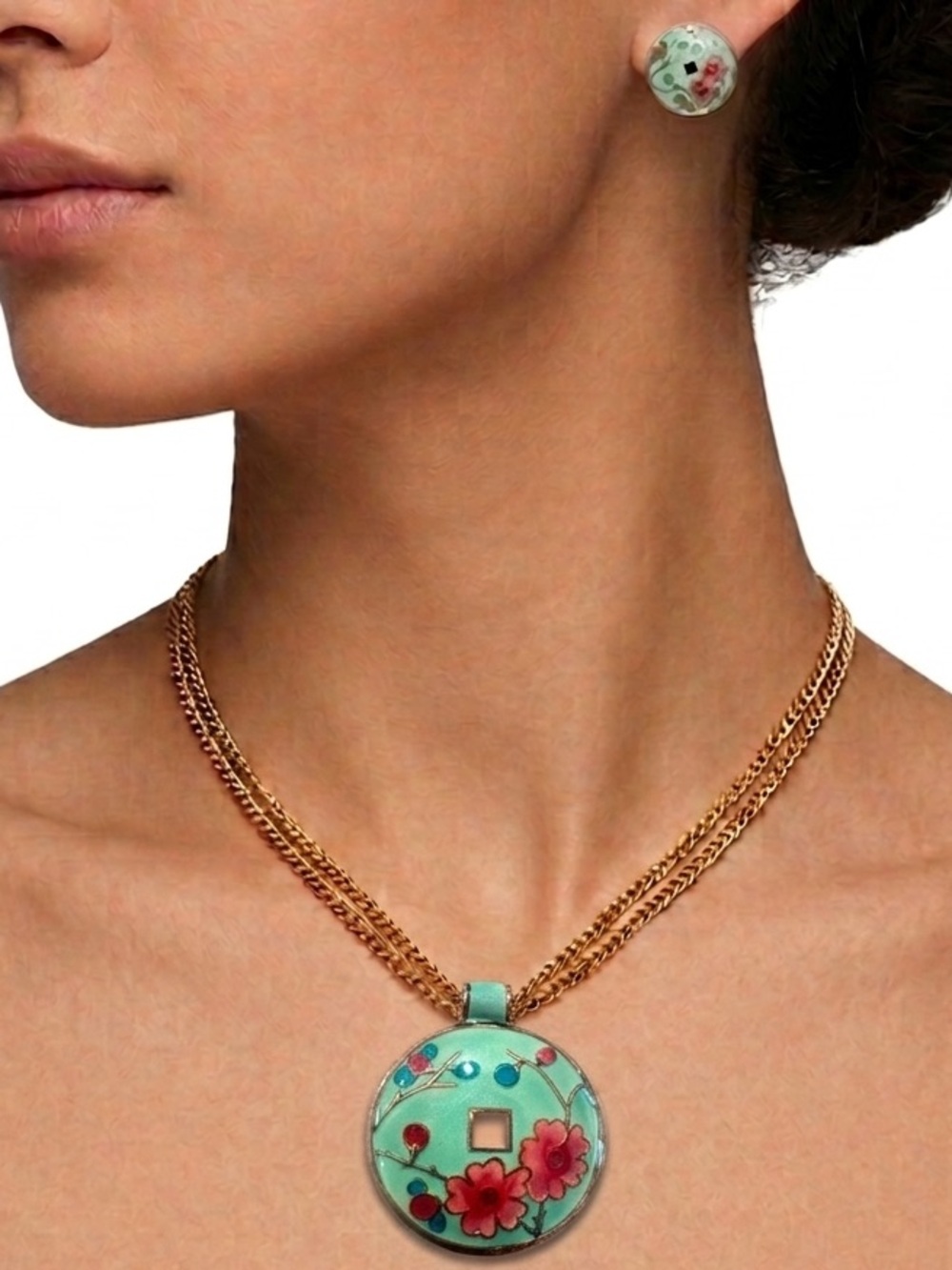 Vintage Enamel Floral Necklace & Earrings Set